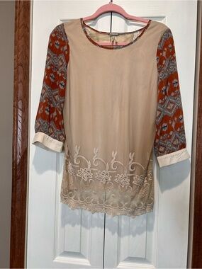 BKE Cream Blouse with Rust Patterned Sleeves